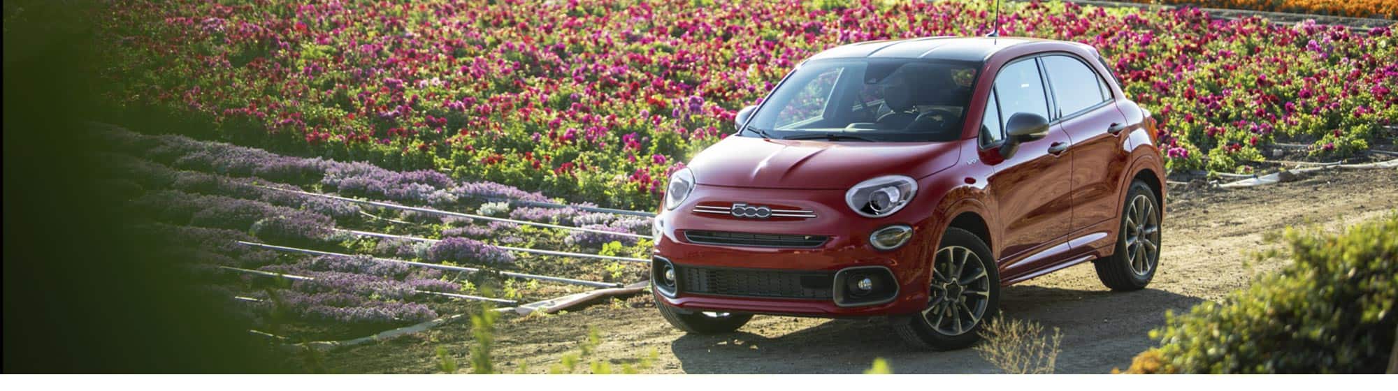 A red 2020 Fiat 500X Sport on a dirt road beside a field of flowers.