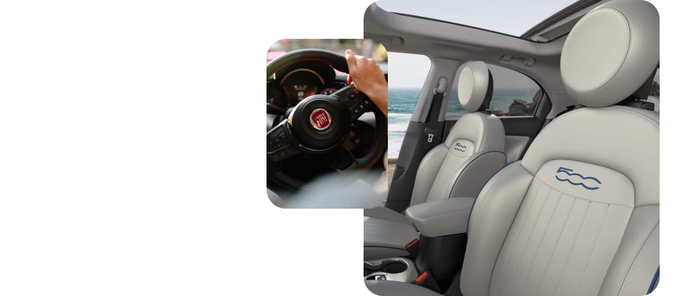 A close-up of the steering wheel in the 2022 Fiat 500X Yacht Club Capri and a close-up of the steering wheel in the 2022 Fiat 500X Yacht Club Capri. 