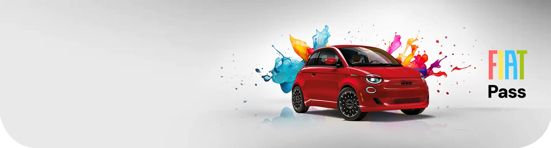 A red 2024 Fiat 500e Red Edition on a background of multicolored swirls of paint.