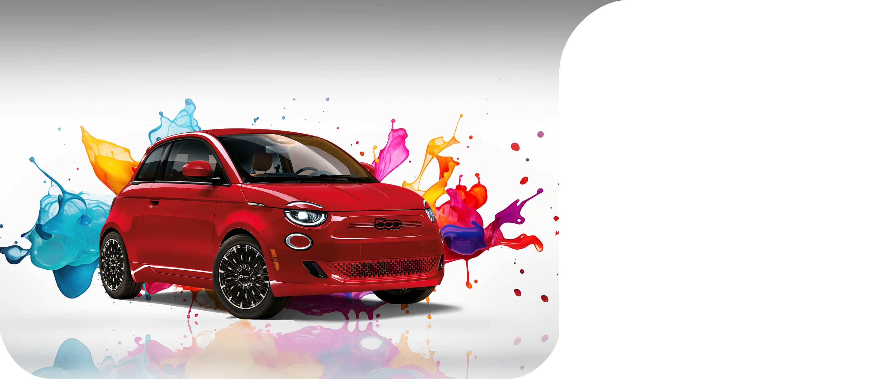 A red 2024 Fiat 500e Red Edition on a background of multicolored swirls of paint.