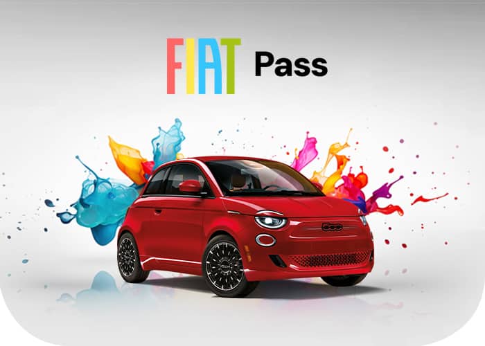 A red 2024 Fiat 500e Red Edition on a background of multicolored swirls of paint.