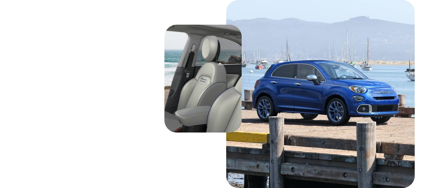 A close-up of the headrest on the passenger seat in the 2022 Fiat 500X Yacht Club Capri, and a three-quarter front view of a blue 2022 Fiat 500X Yacht Club Capri, parked on a pier at the water's edge.