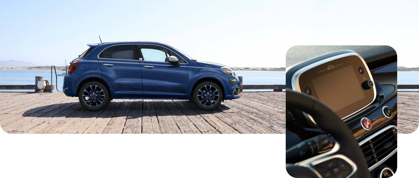 A profile view of a blue 2022 Fiat 500X Yacht Club Capri, parked on a pier at the water's edge, and a close-up of the touchscreen in the 2022 Fiat 500X Yacht Club Capri. 