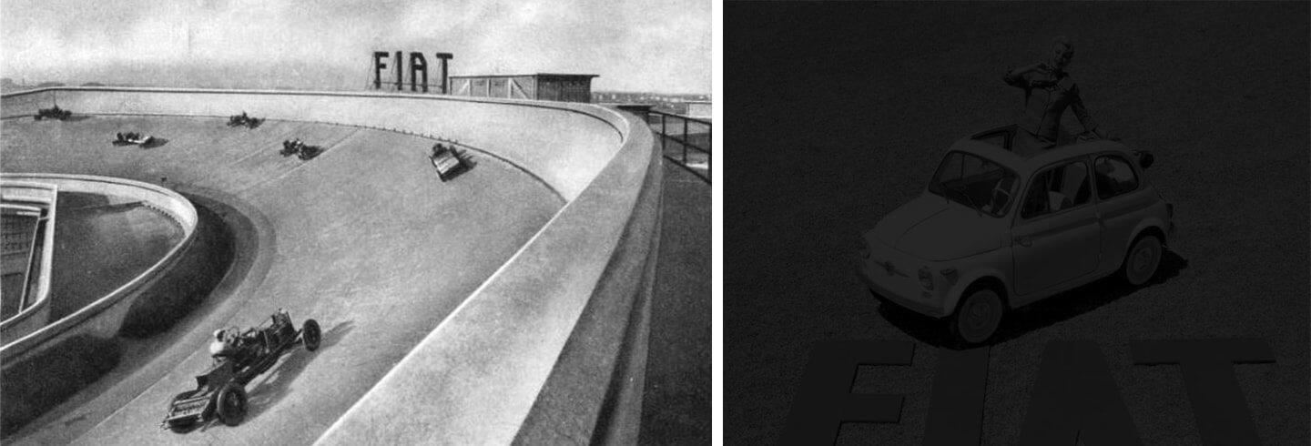 Foto vintage de vehículos Fiat y otros vehículos corriendo carreras en la curva de una pista.