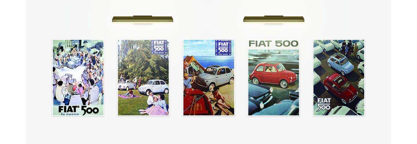 Cinco anuncios vintage de Fiat 500.