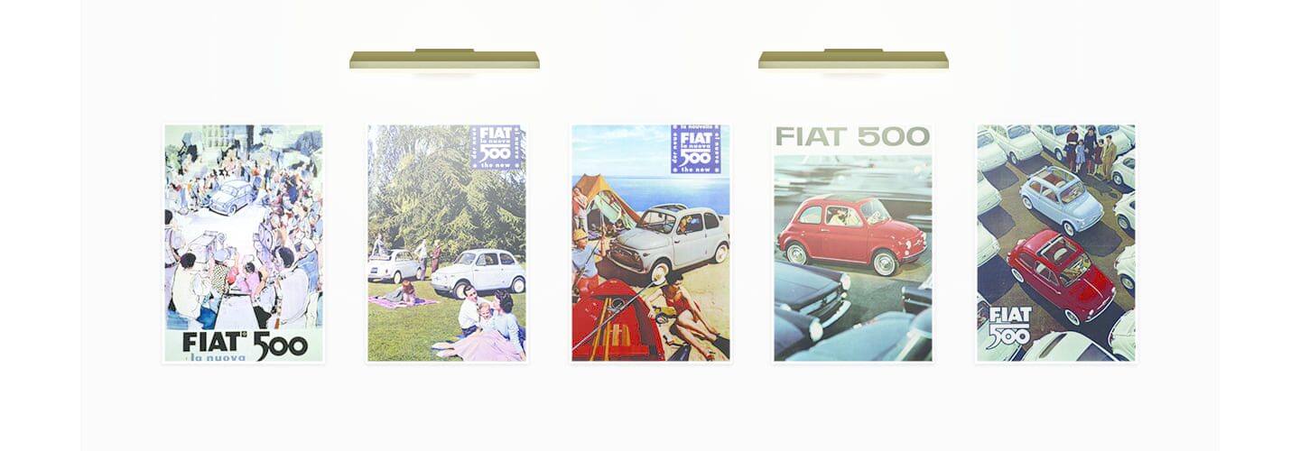 Five vintage Fiat 500 ads.