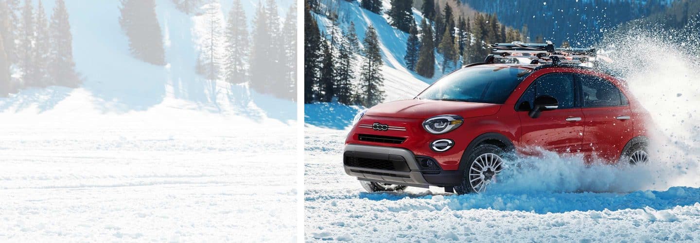 A split screen with a snow-covered mountain grayed back on the left and a red 2022 Fiat 500X Trekking plowing through snow with the same snow-covered mountain in the background on the right.