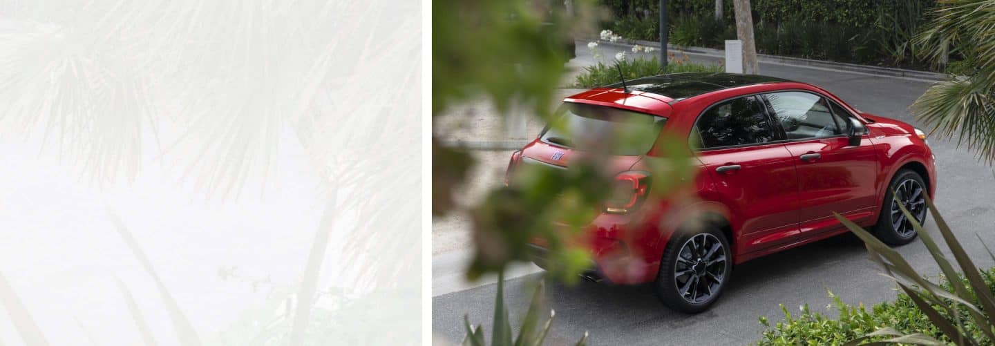 Vista trasera de medio perfil de un FIAT 500X Sport 2022 rojo parcialmente tapado por plantas en el primer plano.