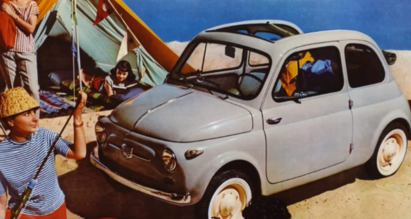 Display Wallpaper #3: A vintage drawing of a classic gray Fiat 500 Cabrio at a beach with people camping nearby.