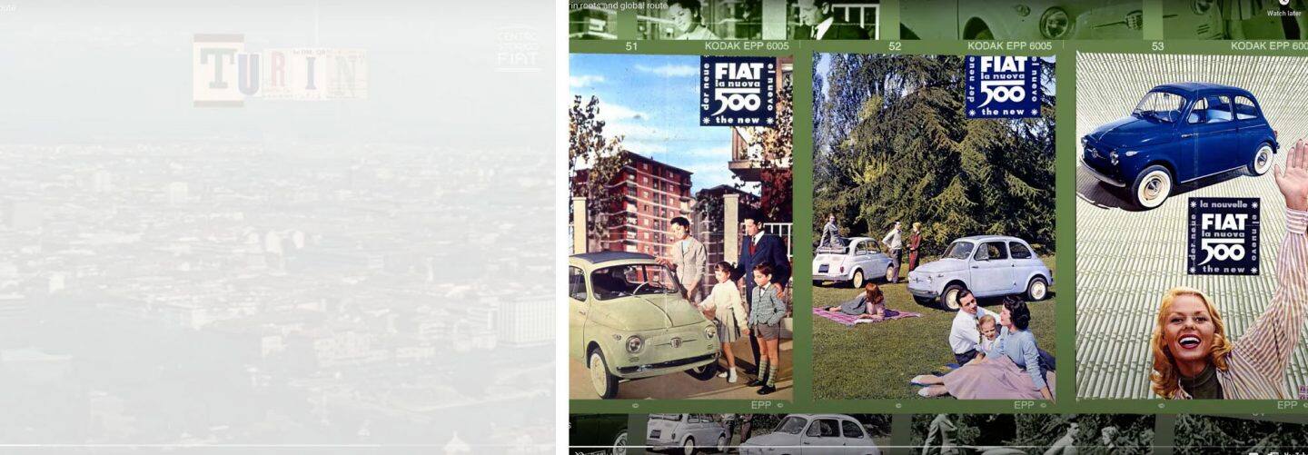 A split screen with an aerial view of Turin, Italy grayed back on the left and a set of three vintage Fiat 500 ads on the right.