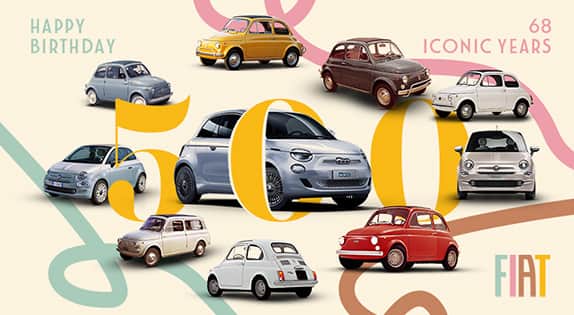 A poster with 10 Fiat 500 models, both vintage and recent, in a scattered circle with pink, brown and green ribbons and the number 500 in the center. 68 Iconic Years. Happy Birthday Fiat.