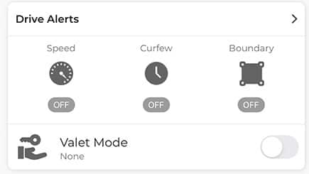 Drive Alerts for Speed, Curfew and Boundary, along with the Valet Mode are displayed on the Fiat app.
