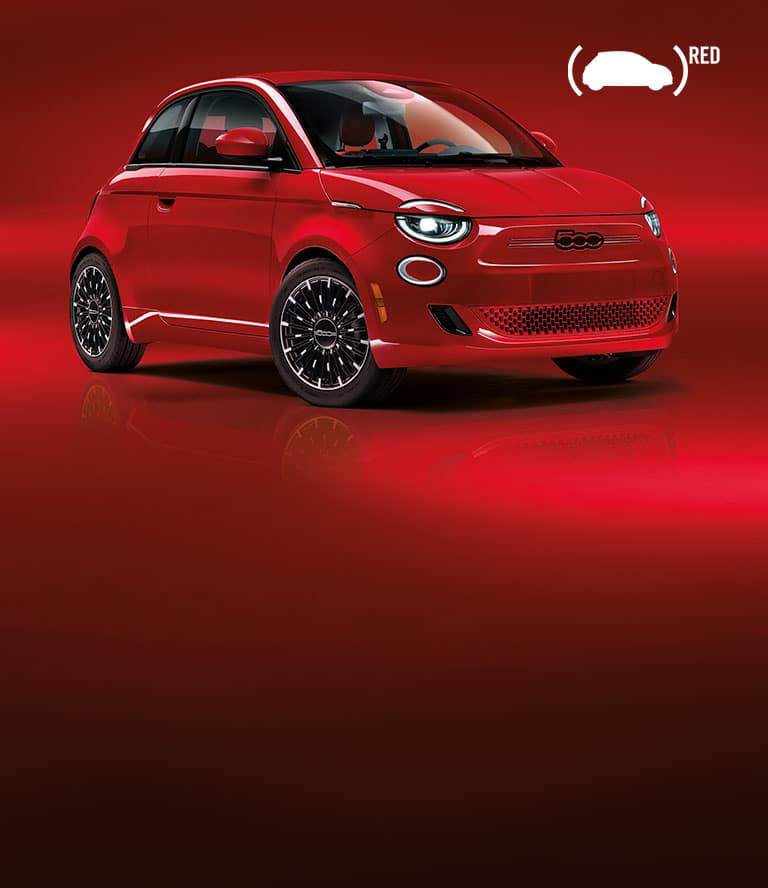 An angled front passenger-side profile of a red 2024 Fiat (Red) 500e Edition.