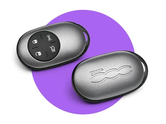 The remote keyless entry fob for a 2026 Fiat 500e.