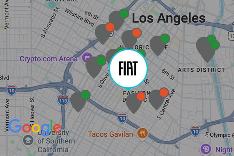 A Google map of Los Angeles with red and green spots identifying EV charging station locations. Fiat.