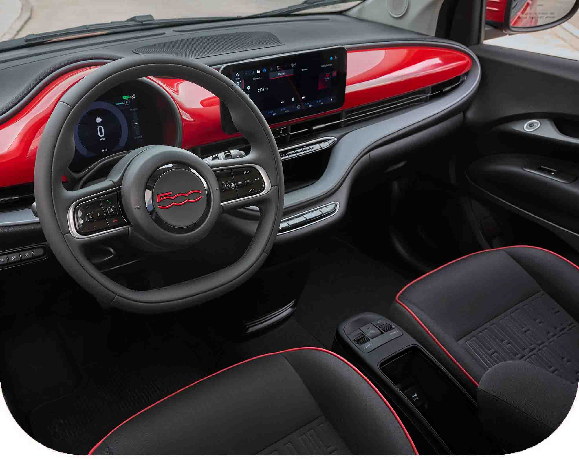 The front seats in a 2024 Fiat (500e) Red Edition.