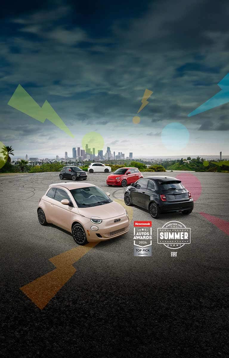 Five Fiat 500e models scattered in a parking lot with a skyline in the background. Beginning with the rearmost vehicle and moving clockwise: a white 2024 Fiat 500e Inspired, red 2024 Fiat 500e Inspired, black 2025 Fiat 500e Icona, rose gold 2025 Fiat 500e Icona and black 2024 Fiat 500e Inspired. Newsweek Auto Awards 2024 Top Pick Urbanites. Make This The Summer Event logo.