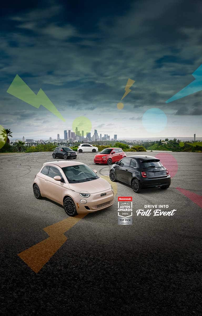 Five Fiat 500e models scattered in a parking lot with a skyline in the background. Beginning with the rearmost vehicle and moving clockwise: a white 2024 Fiat 500e Inspired, red 2024 Fiat 500e Inspired, black 2025 Fiat 500e Icona, rose gold 2025 Fiat 500e Icona and black 2024 Fiat 500e Inspired. Newsweek Auto Awards 2024 Top Pick Urbanites. Make This The Summer Event logo.