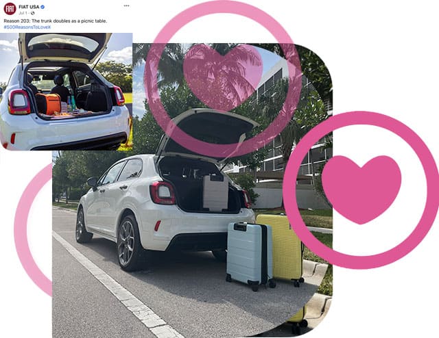 Two versions of a 2022 Fiat 500X Sport with it's liftgate open and a variety of luggage inside and outside the cargo area. A heart emoji.