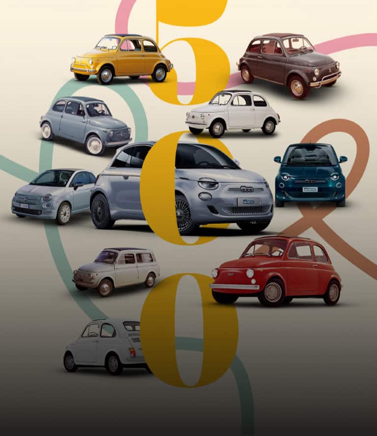 A collage of Fiat 500 vehicles on a beige background, with a silver Fiat 500 parked in the hole of the middle 0 in 500.