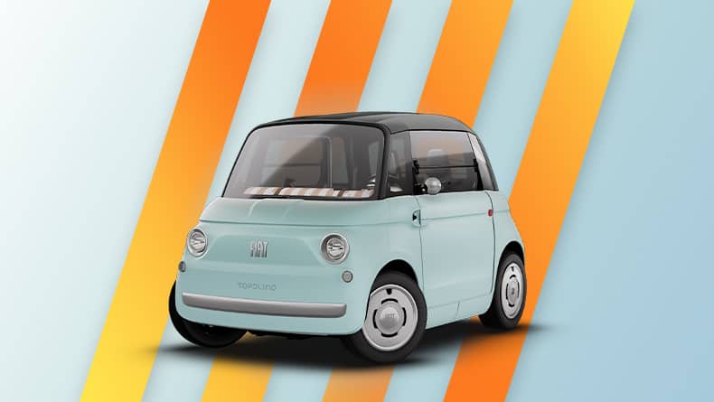 A mint-green Fiat Topolino on a light blue background with neon-orange diagonal lines across it.