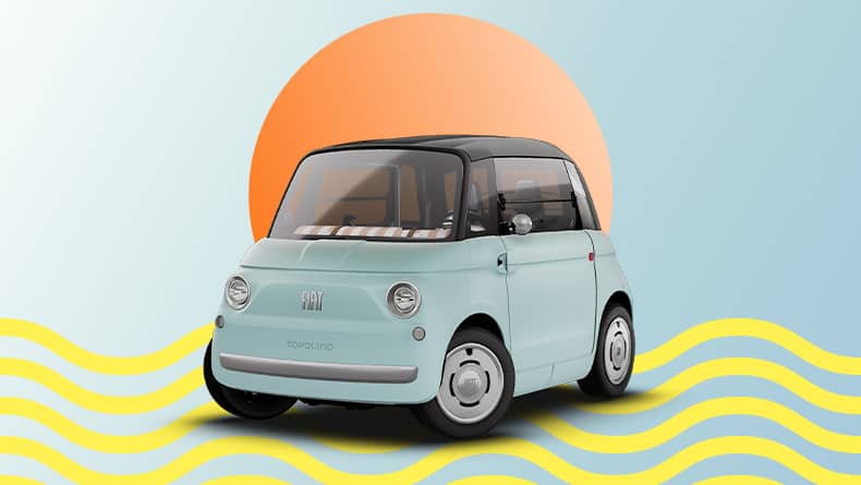 A mint-green Fiat Topolino on a blue background with neon-yellow wavy lines beneath it and a neon-orange circle behind it suggesting the sun.