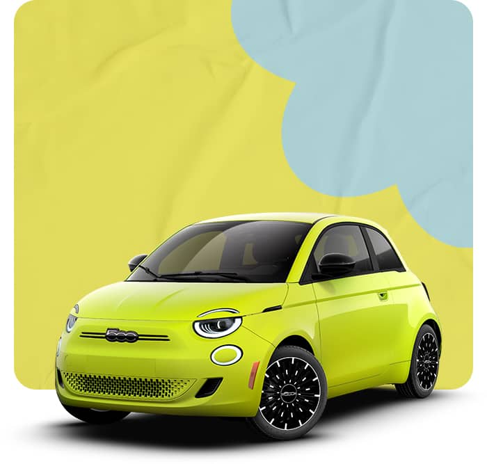 A light-green Fiat 500e on a green and blue background.