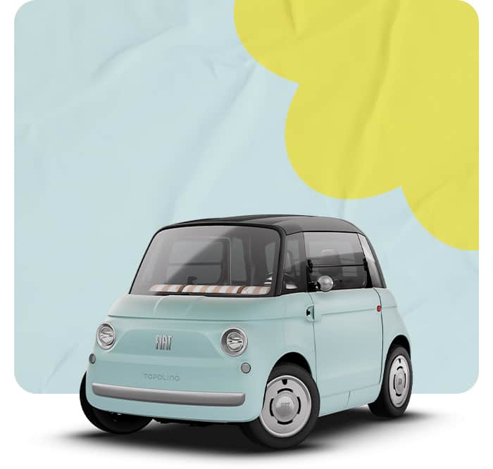 A mint-green Fiat Topolino on a blue and green background.