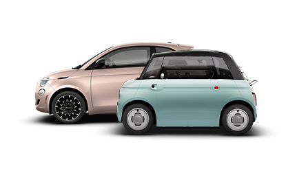 A Fiat 500e and a Fiat Topolino on a green background with white diagonal stripes.