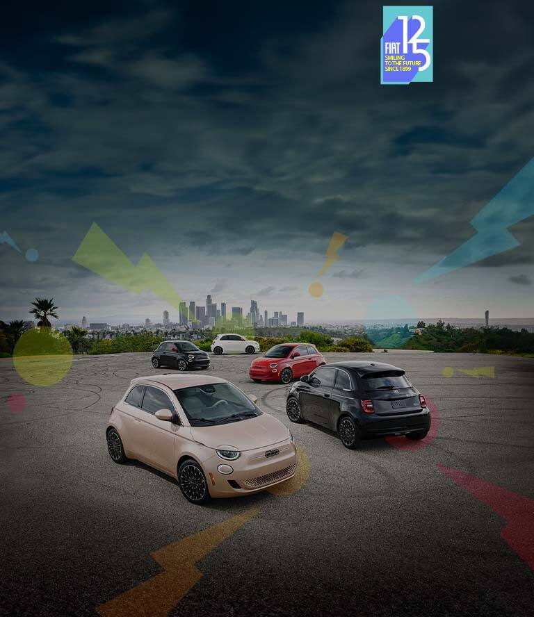 Five Fiat 500 models randomly positioned in a parking lot. In the front, a rose gold 2024 Fiat 500e Inspired By Beauty and a black 2024 Fiat 500e Inspired By Music. In the middle, a black 2024 Fiat 500e Inspi-red and a red 2024 Fiat 500e Inspi-red. In the back, a white 2024 Fiat 500e Inspi-red. Colorful transparent abstract symbols are scattered throughout the image.