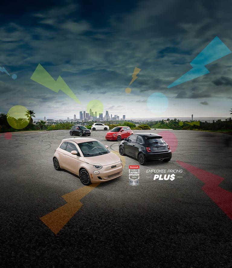 Five Fiat 500e models scattered in a parking lot with a skyline in the background. Beginning with the rearmost vehicle and moving clockwise: a white 2024 Fiat 500e Inspired, red 2024 Fiat 500e Inspired, black 2025 Fiat 500e Icona, rose gold 2025 Fiat 500e Icona and black 2024 Fiat 500e Inspired. Newsweek Auto Awards 2024 Top Pick Urbanites. Freedom of Choice Pricing Program.
