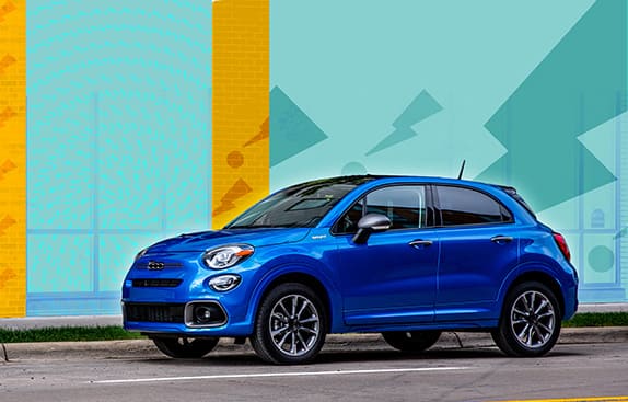 A driver-side front angle of a blue 2023 Fiat 500X Sport.