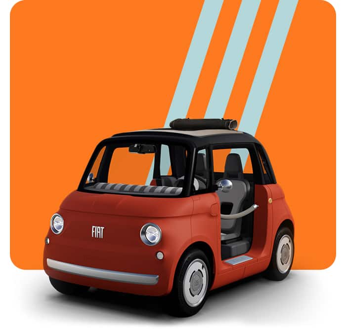 A Corallo Orange 2027 Fiat Topolino Dolce Vita sits on an orange background with green stripes.