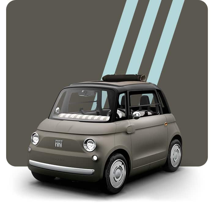 A Luna Greige 2027 Fiat Topolino Open Air sits on a gray background with green stripes.