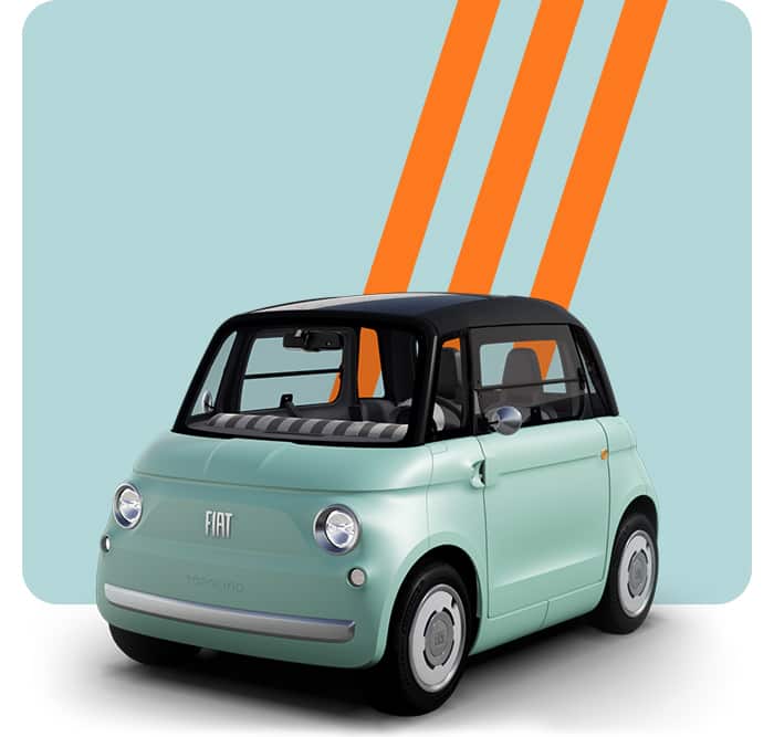 A Verde Vita Mint Fiat Topolino sits on a blue background with orange stripes.