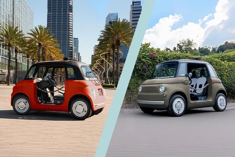 An image split by a light green line, with a Corallo Orange 2027 Fiat Topolino Dolce Vita parked in a tropical city on the left and a Luna Greige 2027 Fiat Topolino Dolce Vita parked along a line of hedges on the right.