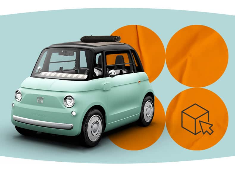 A Verde Vita Mint Fiat Topolino on a green background with orange circles.