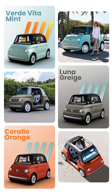 A Verde Vita Mint Fiat Topolino sits on a blue background with orange stripes. The words Verde Vita Mint are superimposed over it. A Luna Greige 2027 Fiat Topolino Open Air sits on a gray background with green stripes. The words Luna Greige are superimposed over it. A Corallo Orange 2027 Fiat Topolino Dolce Vita sits on an orange background with green stripes. The words Corallo Orange are superimposed over it. 